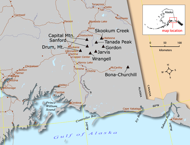 Index map to Quaternary volcanoes of the Wrangell Volcanic Field.