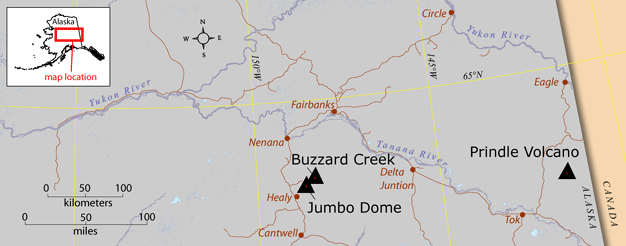Index map showing the location of Buzzard Creek maars, Jumbo Dome, and Prindle Volcano