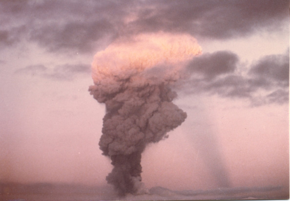 Eruption column of Great Sitkin, 1974. Photo taken from Adak, Alaska. 