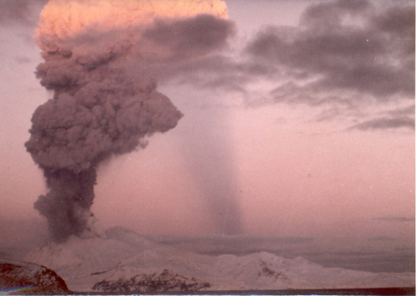 Here is a photo of Great Sitkin&#039;s 1974 eruption. This eruption sent an eruption plume to at least 10,000 feet and created a lava dome almost a half mile in diameter within the summit crater. Photo taken from Adak, Alaska. 