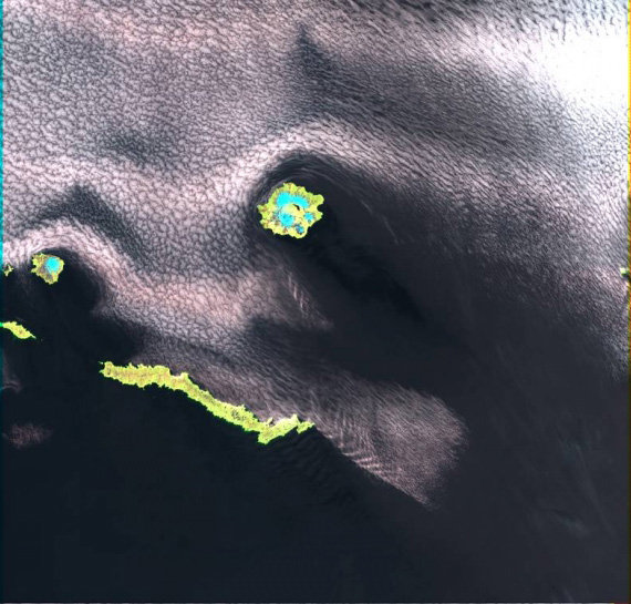Landsat 7 ETM+ image of Amchitka Island (long linear island in lower portion of image), Semisopochnoi Island and volcano (island in center of image), and Little Sitkin Island and volcano (circular island in left side of image).
