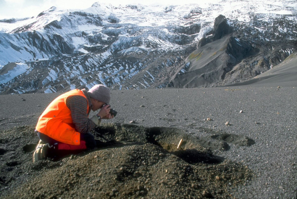 Tephra from the 1992 eruptions of the Crater Peak vent, 
Mount Spurr volcano, blanketed narrow swaths of the 
surrounding countryside. In this view, about 15 cm (6 in) 
of coarse sand to gravel-sized tephra is exposed in the 
pit. The surface is dotted with cobblesized bombs from the 
September 16 to 17, 1992, eruption. Photograph by R. 
McGimsey, U.S. Geological Survey, September 23, 1992.