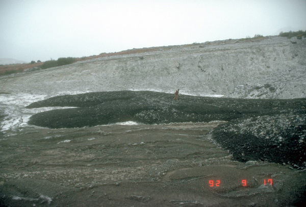 Alaska Volcano Observatory scientist examining lahar 
deposits formed during the September 16 to 17, 1992, 
eruption of the Crater Peak vent, Mount Spurr volcano. 
Photograph by R. McGimsey, U.S. Geological Survey, 
September 17, 1992