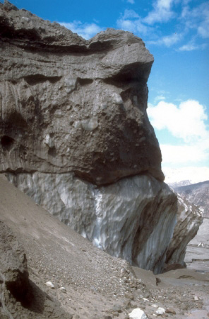 During the eruption of Redoubt Volcano on December 15, 
1989, ), hot ejecta falling onto the upper flanks of the 
volcano produced avalanches of snow, ice, meltwater, and 
pyroclastic debris to form an unusual ice-rock diamict. In 
this view, the diamict is approximately 4.5 m (15 ft) thick 
and caps ice of the piedmont lobe of Drift glacier . 
Overlying the ice-rock diamict are sand to gravel-sized 
pyroclastic flow deposits from eruptions between January 
and March of 1990. Photograph by C. Gardner, U.S. 
Geological Survey, May 19, 1990.