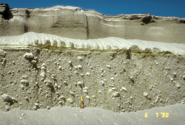 Pyroclastic-flow deposits from the April 15 (lower two 
thirds of section) and April 21 (upper one third of 
section), 1990 eruptions of Redoubt Volcano exposed in a 
gully along the western margin of the piedmont lobe of 
Drift glacier. Shovel at base of section shows scale. 
Photograph by C. Neal, U.S. Geological Survey, June 7, 
1990.