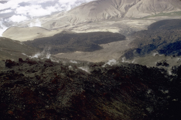 These blocky andesite lava flows from Trident Volcano were emplaced during an extended
eruptive period between 1953 and the mid-1960's. Trident Volcano is composed of a
cluster of andesite and dacite cones and is the only Katmai group volcano other than Katmai and Novarupta to have had historical activity. Photograph by T. Miller, U.S. Geological Survey, July, 1974.