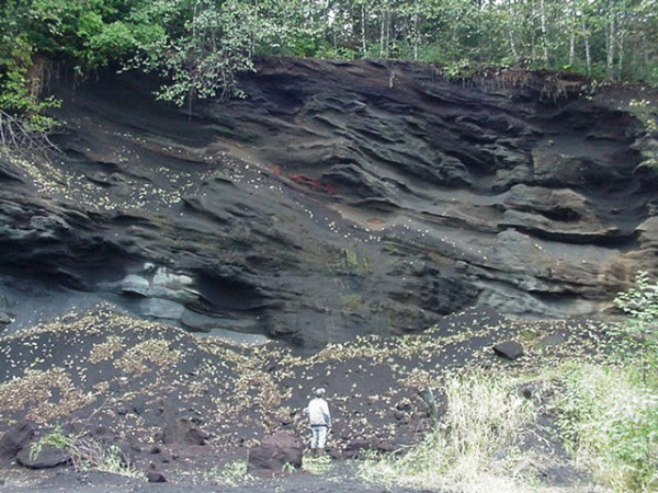 Base flow ash deposit from Painted Peak, a volcanic feature that is part of the Behm Canal-Rudyerd Bay volcanic center.