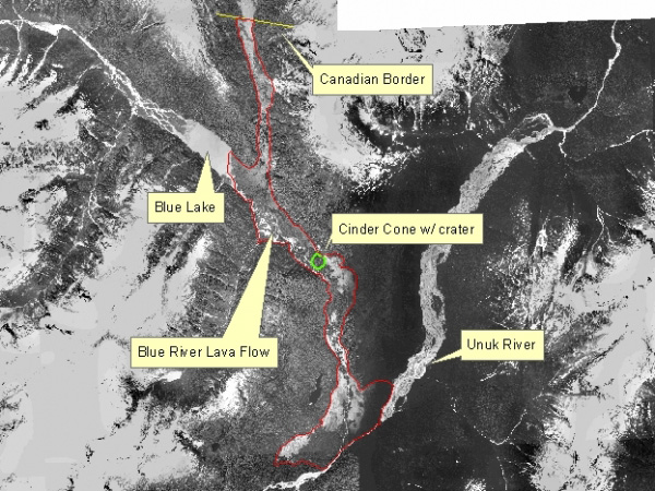 Aerial view of volcanic features of the Iskut-Unuk River volcanic center.