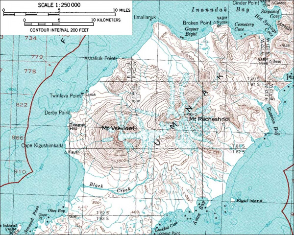 Topographic map of Mount Vsevidof and Mount Recheschnoi.