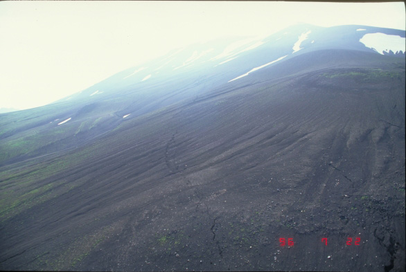 Ground cracks in the tephra mantled northwest flank of Akutan Volcano, presumable associated with the March 1996 seismic swarm.