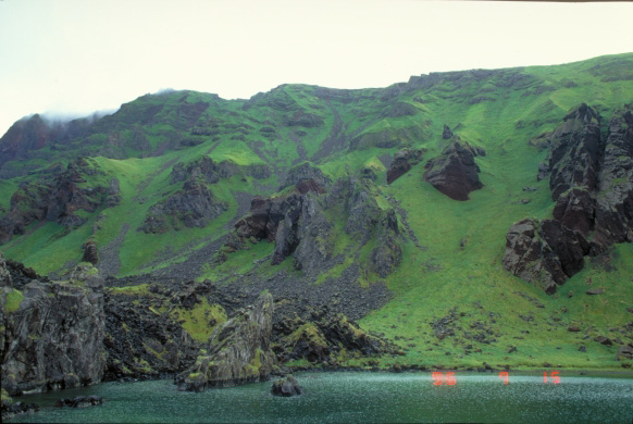 Cinder cone (cross section, center of view) exposed at Lava Bight, south end of Lava Point lava field, Akutan Volcano.