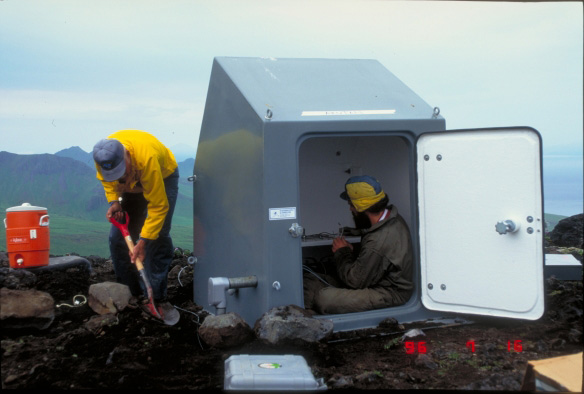 Don Richter and Jim Clippard install the Lava Point seismic station, Akutan Volcano.