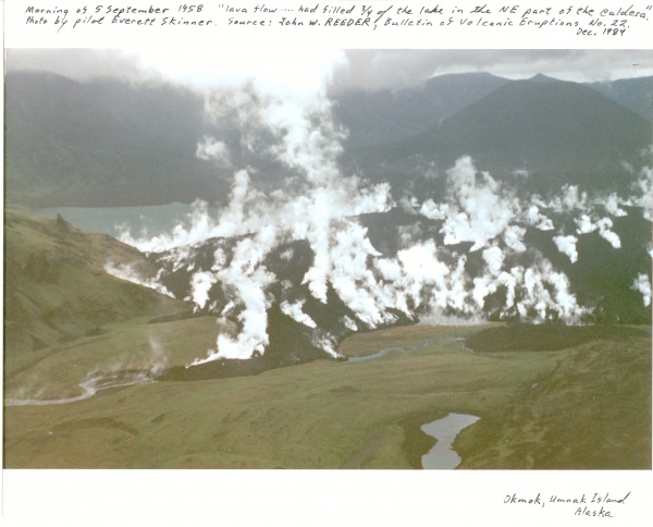 On the morning of September 5, 1958, the new lava flow at Okmok Volcano had filled in 3/4 of the lake in the NE part of Okmok Caldera.