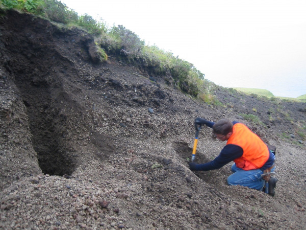 Brandon Browne excavating section 03GRBB56, south flank of Gareloi. Section comprises fall from 1929 eruption.