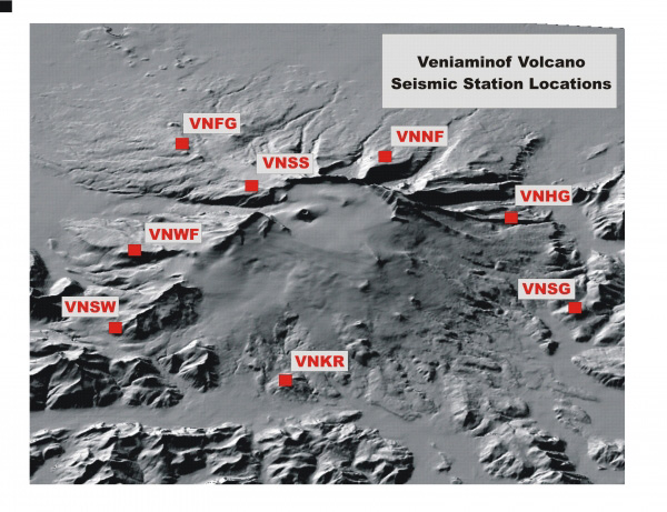Veniaminof Volcano seismic station locations.