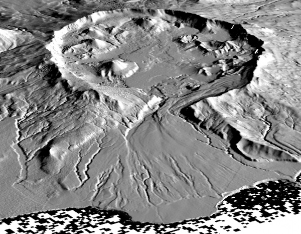 Shaded relief perspective view of the "gates" region of Okmok Volcano, showing the intracaldera cones and flood deposits forming the coastline.  View to the southwest up Crater Creek.  Image created with AirSAR DEM data.