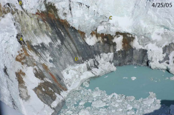 This figure shows the level of the melt pit at Spurr's summit on April 25th, 2005.  