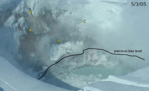This figure shows the level of the lake in the melt pit at the summit of Mt. Spurr on May 3rd, 2005.   Clear views of the melt pit show that the lake level has decreased since the April 25, 2005 overflight.
