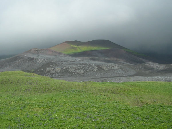 Photo of the cinder cones located on the eastern part of the central isthmus of Chuginadak Island as viewed from the western side of the isthmus (eastern flank of Mt. Cleveland). A portion of the undated lava flow from these cinder cones makes up a cliff on the northern part (not in this photo) and western part of the one cinder cone (center and foreground of the cinder cones).