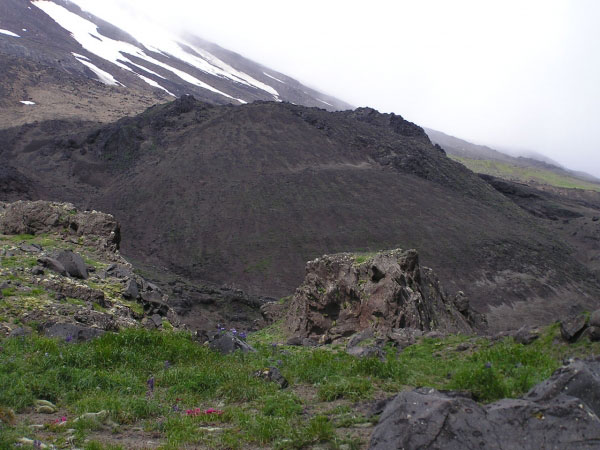 A zoomed in view of the upper lava dome on the southeastern flank of Mount Cleveland. The view is from the southeasternmost dome. This upper dome is less vegetated than the lower dome on this flank.