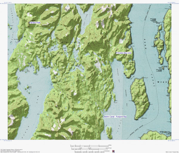 Topographic map of the Behm Canal - Rudyerd Bay area.  The locations of two vents, Painted Peak and Princess Bay cone, are depicted. 