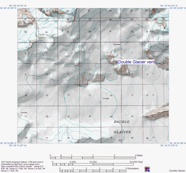 Topographic shaded relief map showing the location of Double Glacier dome remnant, Alaska.