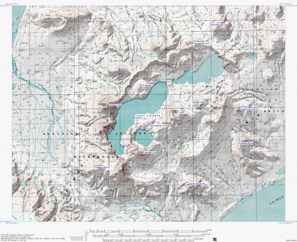 Topographic shaded relief map of Fisher Caldera.  Labeled features from Stelling and others, 2004.