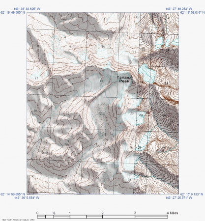 Topographic shaded relief map of Tanada Peak, Alaska.