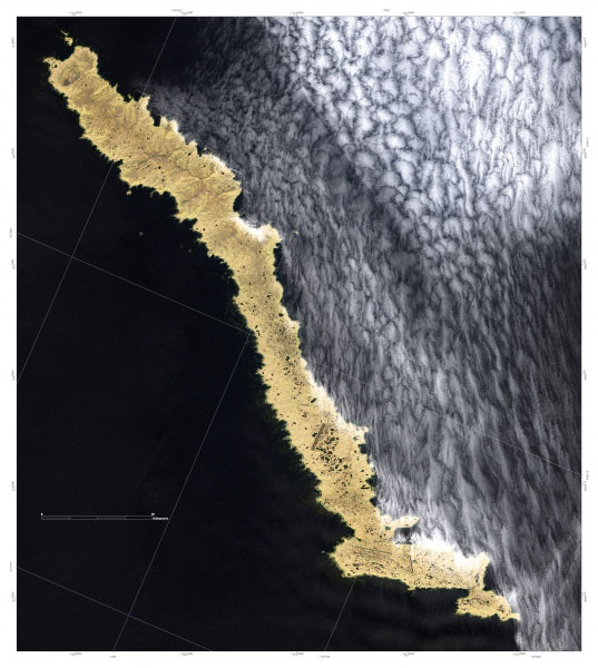 True color composite (RGB of bands 3-2-1 respectively) Landsat 7 ETM+ satellite image map of Amchitka Island in the Western Aleutian Islands of Alaska. The image was run through a 3x3 high pass filter and fused with the 15 meter panchromatic band data to produce a spatial resolution of 15 meters.
