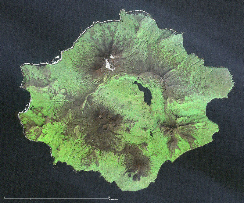 True color composite (RGB of bands 3-2-1 respectively) Landsat 7 ETM+ satellite image of Semisopochnoi in the Western Aleutian Islands of Alaska. The image was run through a 3x3 high pass filter and fused with the 15 meter panchromatic band data to produce a spatial resolution of 15 meters. North is up in the image.
