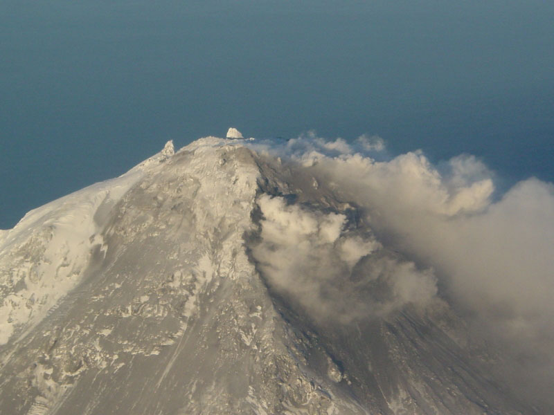 Steam issuing from multiple fumaroles on the summit, and upper southeast flank; steam and gas plume trailing 75 km downwind to southeast