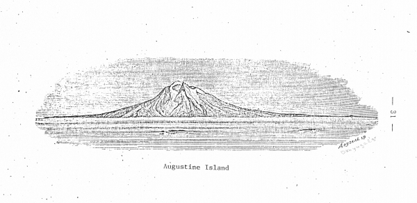 Sketch of Augustine Island, before its 1883 eruption, published in Doroshin, P., 1870, Some volcanoes, their eruptions, and earthquakes in the former Russian holdings in America (translated in 1982 by J.B. Kisslinger): Verhandlungen der Russisch-kaserlichen mineralogischen Gesellschaft, v. 2 seriia, St. Petersburg, p. 25-44.