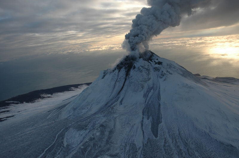 Augustine emitting steam and ash, January 12, 2006. Photo courtesy Michelle Coombs, AVO/USGS.