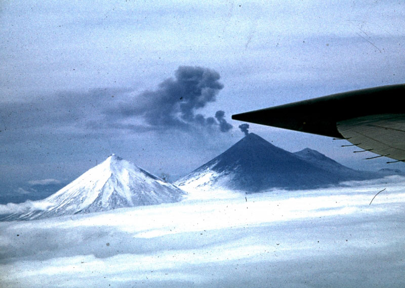 Dr. Kenneth Morin took this photograph of Pavlof erupting on May 28, 1960, while serving in the Navy as a CIC operator. The photograph was taken while flying in a Navy WV-2 Radar Reconnaissance aircraft from Kodiak to Adak. 