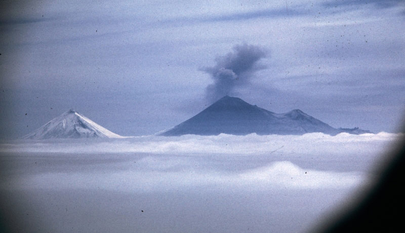 Dr. Kenneth Morin took this photograph of Pavlof erupting on May 28, 1960, while aboard a Navy WV-2 Radar Reconnaissance aircraft.