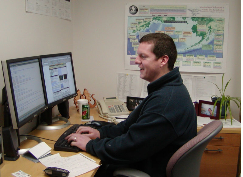 Seth Snedigar, AVO's web administrator and programmer, keeps his eye on web activity at his office in Fairbanks at the Alaska Division of Geological & Geophysical Surveys.  The recent Augustine volcanic activity has driven web use up to over 72 million hits in the last 3 weeks - over twice the number of hits for the entire year of 2005.  Already this year, the website has transferred 944 Gigabytes of information to the public.
