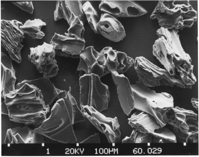 Scanning electron microscope photo of glass shards in ash sample.  Variety of shard types:  pumiceous and chunky bubble-wall junction shards from the Putah Tuff (Member of the Tehama formation), 3.3 Ma.  Source:  Sonoma Volcanics, Calif.