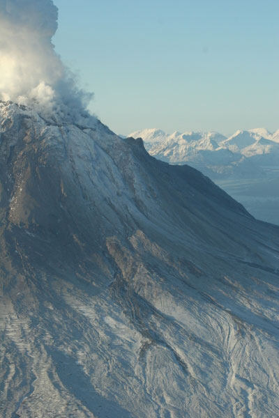 Flowage deposits with well-defined levees on the east flank of Augustine Volcano on January 24, 2006.  