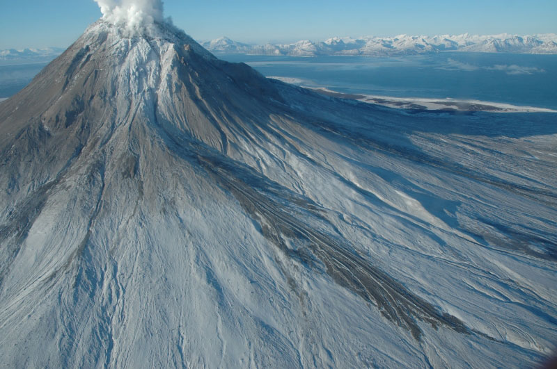 Newly formed block and ash flow deposit on Augustine's east flank.