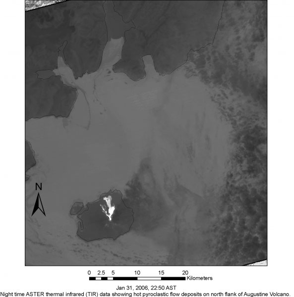 Jan 31, 2006, 22:50 AST night time ASTER thermal infrared (TIR) data showing hot pyroclastic flow deposits on north flank of Augustine Volcano.  