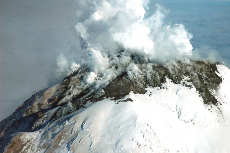 Summit of Augustine volcano showing new lava dome and deposits.