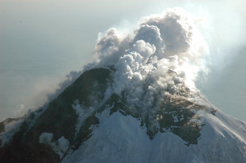 Summit of Augustine volcano showing new lava dome and flow.  View from north-northwest.