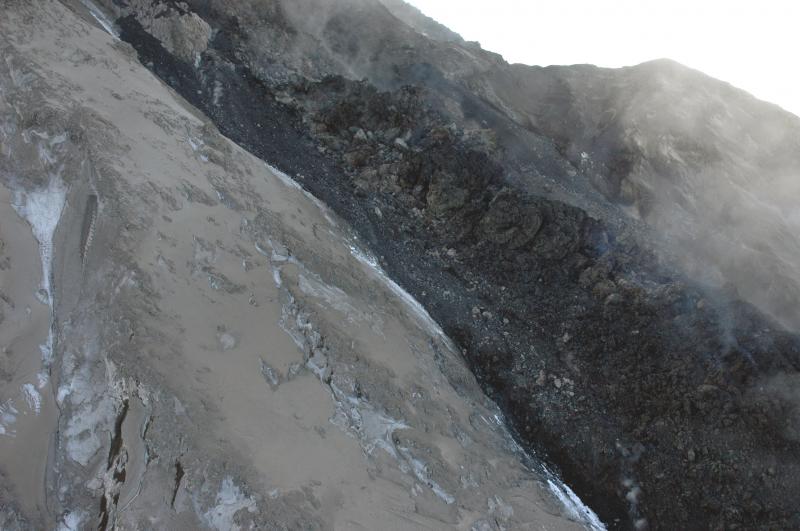 Close-up view of advancing lava flow on north-northeast flank, below the active lava dome.
