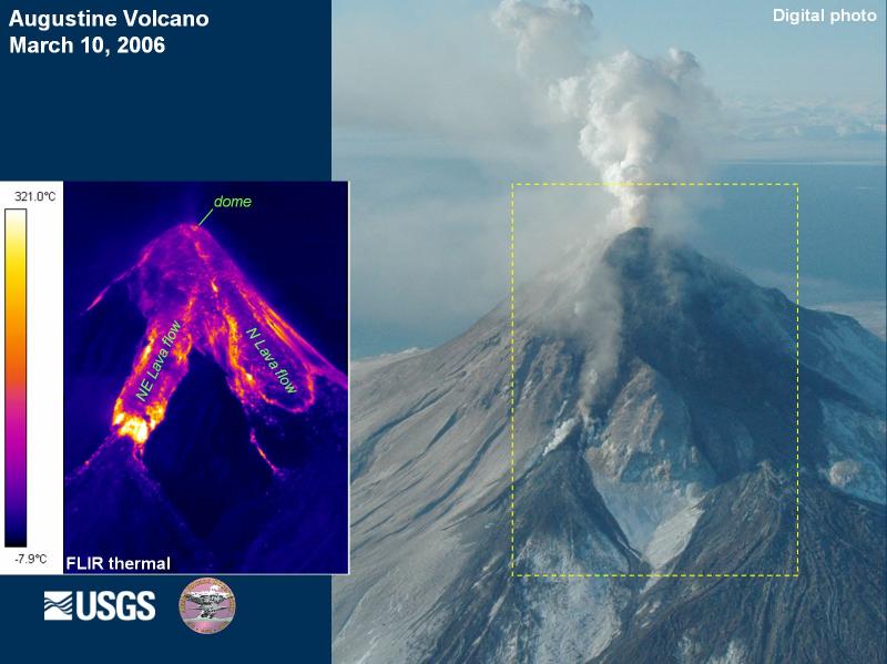 FLIR thermal and digital photo of Augustine volcano's new lava flows and dome.  The FLIR image nicely highlights two large lava flows extending down the NE and North flanks of the volcano below the active lava dome.  The thermal image also shows that the thicker NE lava flow has hotter temperatures (some areas over 1000F [550C]) in the toe while the thinner North lava flow edge is cooler ( < 600F [320C]