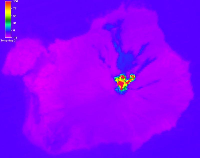 This is an ASTER night time Thermal IR image over Augustine Volcano.  The 90m pixels in the image show the hot dome and lava flows.  The image also shows that the late January deposits have cooled somewhat, but are still several degrees warmer than the background temperature.

Please note that the 100C max temperatures shown in the image is the highest temperature that ASTER TIR sensor can measure.  The maximum brightness temperature from the 30m SWIR pixels on this night was 460C.