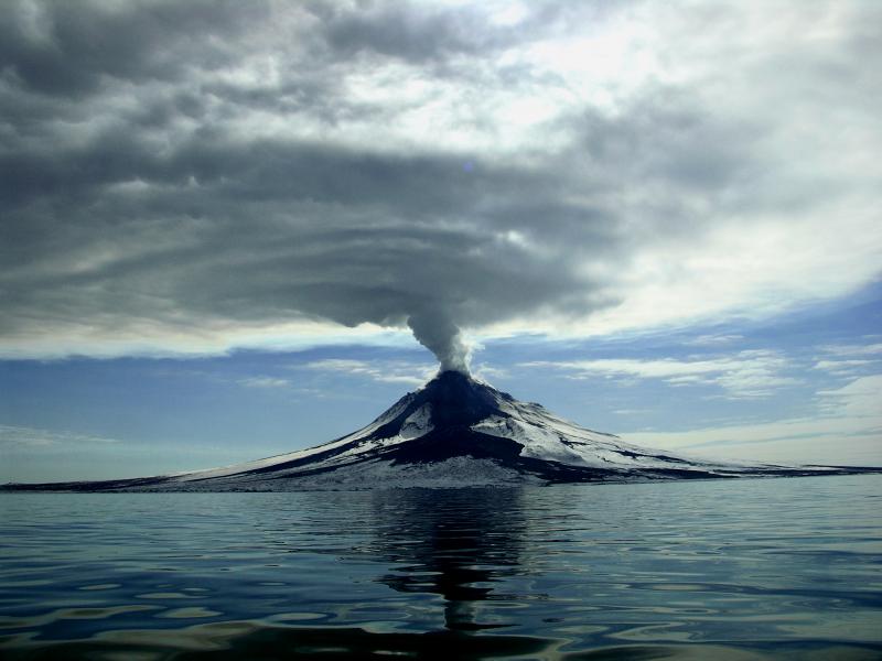 Photo of Augustine Volcano following its 2006 eruption. Photo taken by Cyrus Read, USGS/AVO, on March 2, 2006.