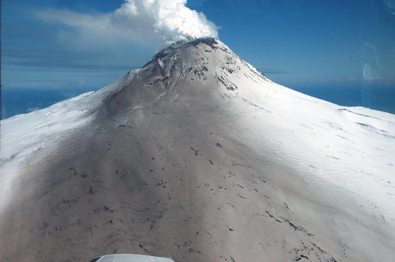Ash generated from recent debris avalanche forms a wide swath across the southwest flank.