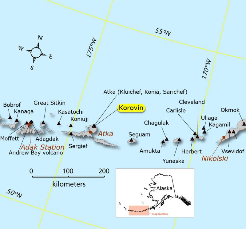 Location of Korovin volcano and other Aleutian volcanoes with respect to nearby cities and towns.