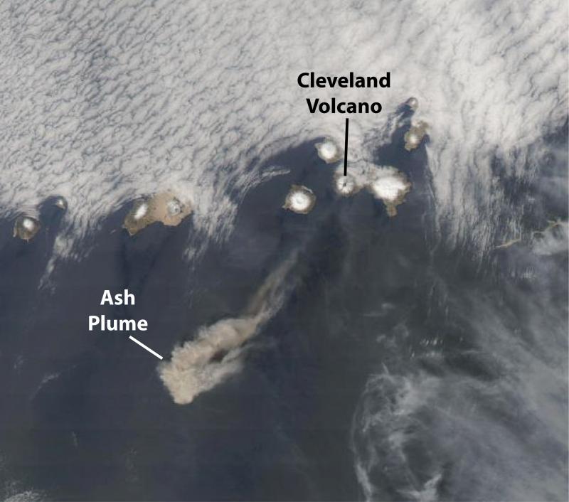 Cleveland Volcano emitted a plume of volcanic ash at 4:00PM ADT on May
23, 2006 (00:00 UTC, May 24). The Moderate Resolution Imaging
Spectroradiometer (MODIS) flying onboard the Terra satellite took this
picture a little more than an hour after the eruption began.  The image is
a false color composite of 250m MODIS data. Annotated to label the ash plume and Cleveland Volcano.