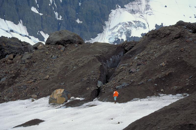 Crevasse on glacier, debris covered, Aniakchak caldera